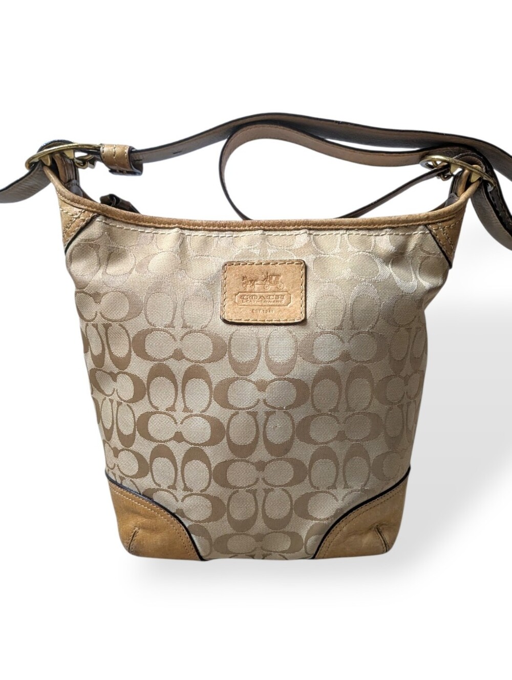 Coach Signature Bucket Bag Y2K Jacquard Canvas Leather Khaki Adjustable EST 1941